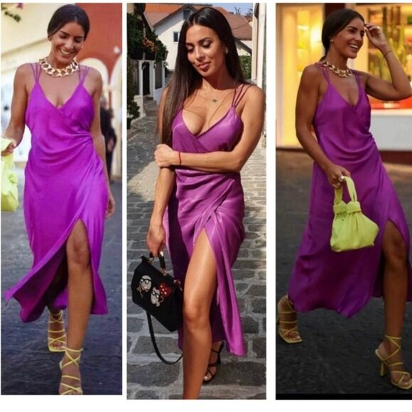 Zara purple Satin effect slip dress sweetheart spaghetti strap faux wrap Sz L - Picture 4 of 16